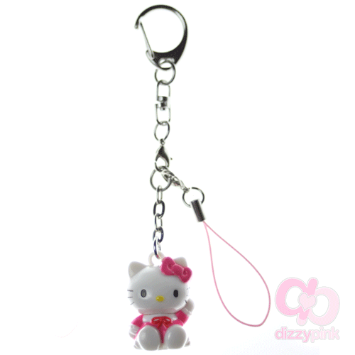 Hello Kitty Mascot Keychain Phone Charm Pink Dress Waving